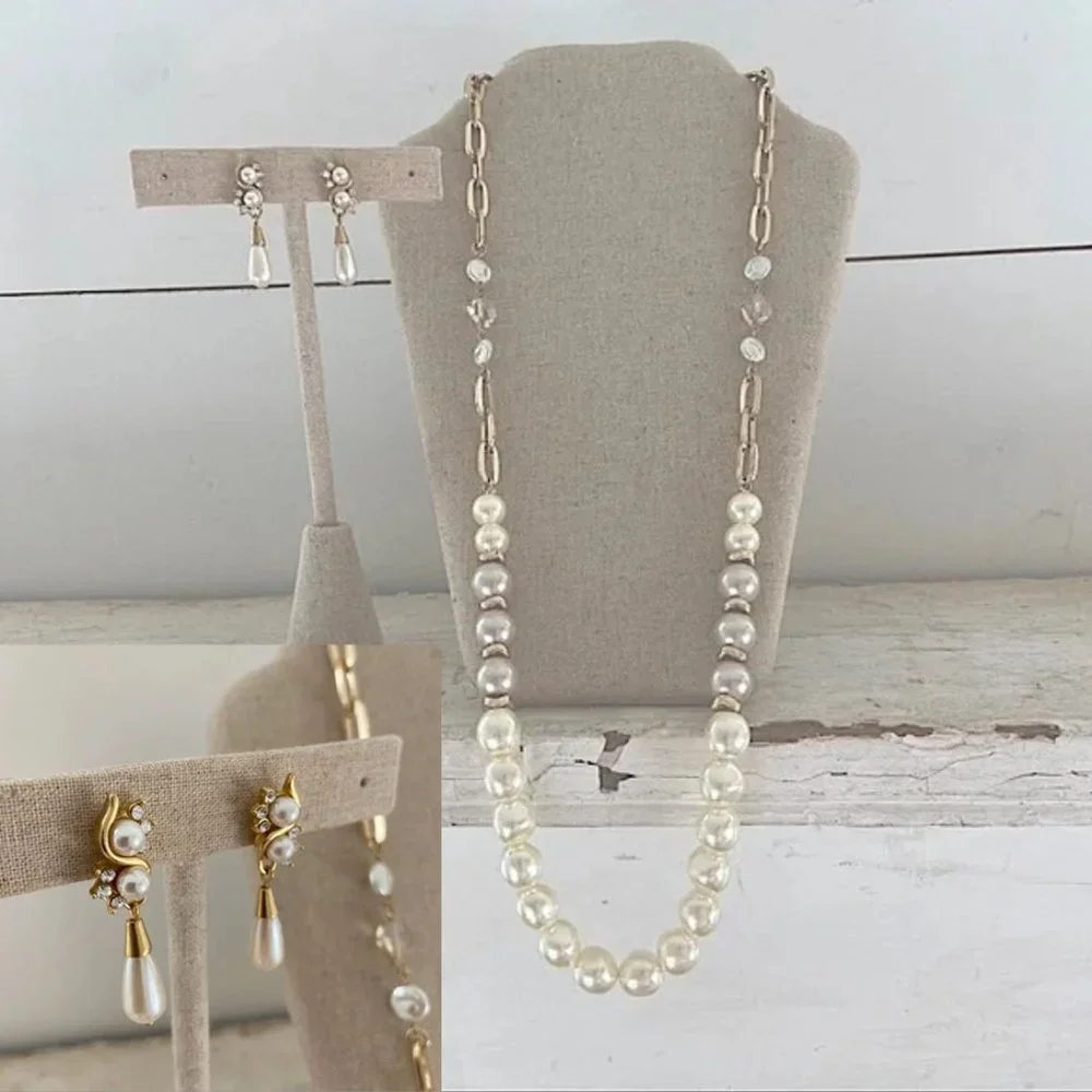 Paperclip Necklace Gold Tone Pearls Brand New AND Pearl Earrings Bundle Jewelry - Picture 1 of 13